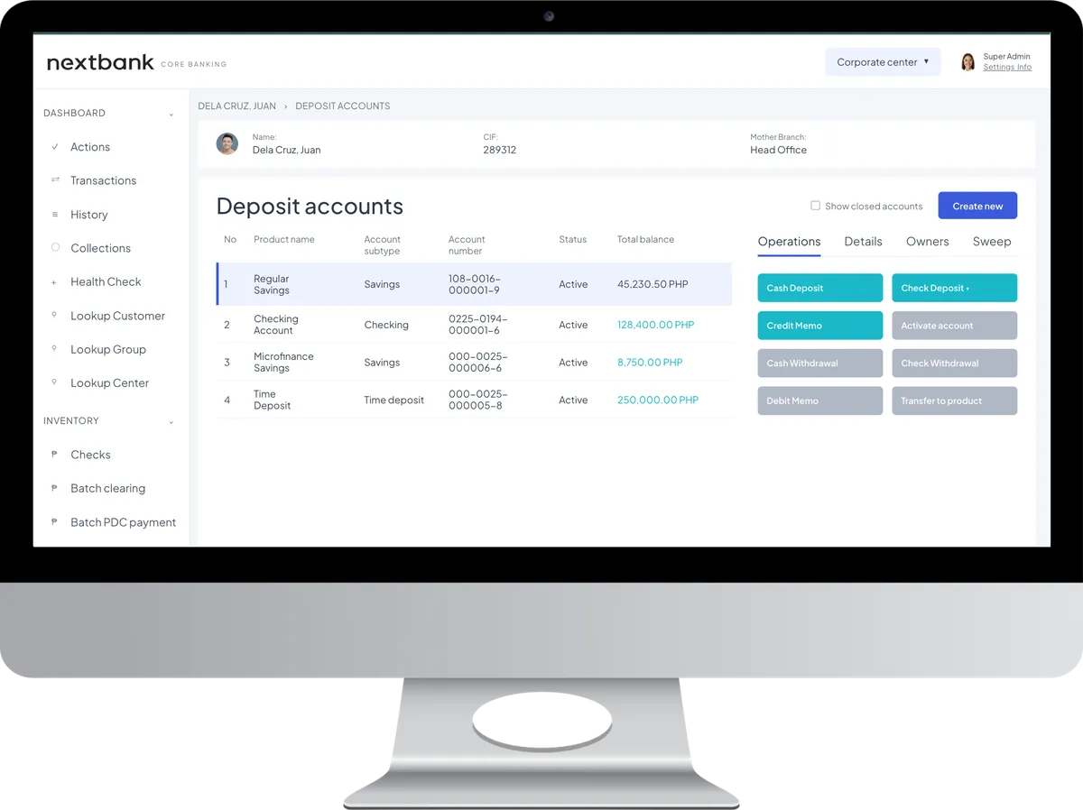 Nextbank core banking dashboard